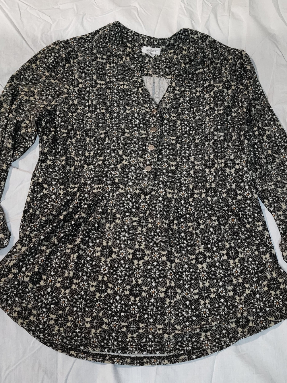 Westport Black, White and Tan Patterned  Blouse Medium Petite